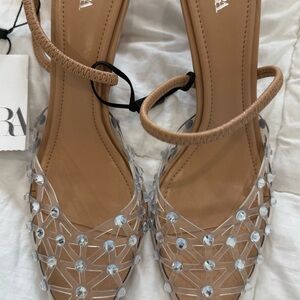 Zara Clear and Tan Heels with Gem Accents